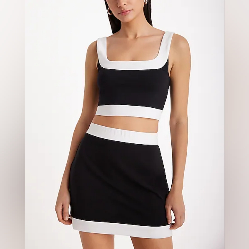 Black & White Colorblock Contrast Trim Square Neck Cropped Tank & Mini Skirt Set